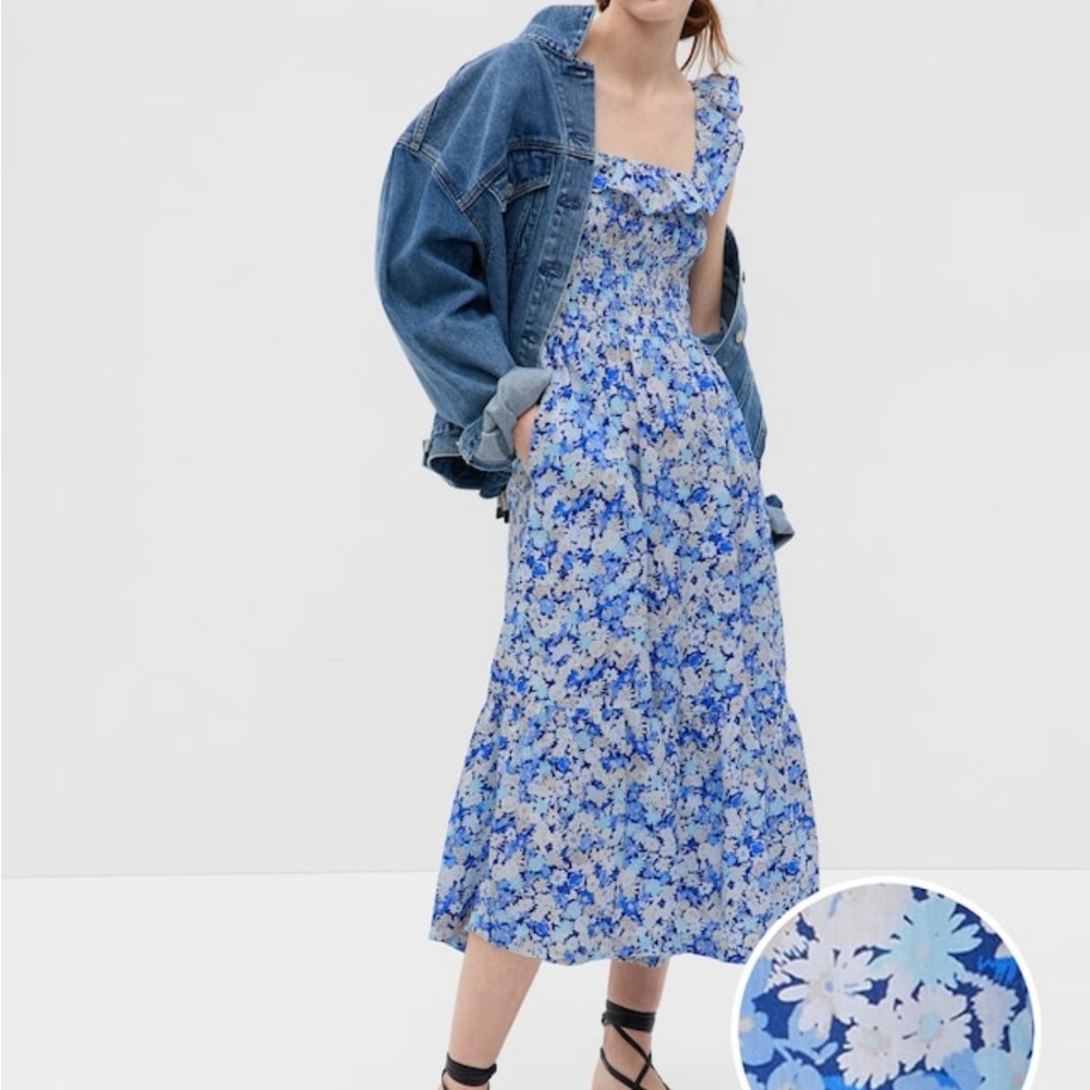 Gap Ruffle Neck Midi Dress Ditsy Blue Floral